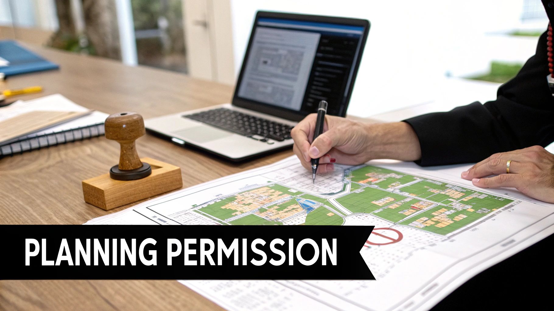 A person works on a land subdivision plan, laptop, stamp, with 'Planning Permission' banner.