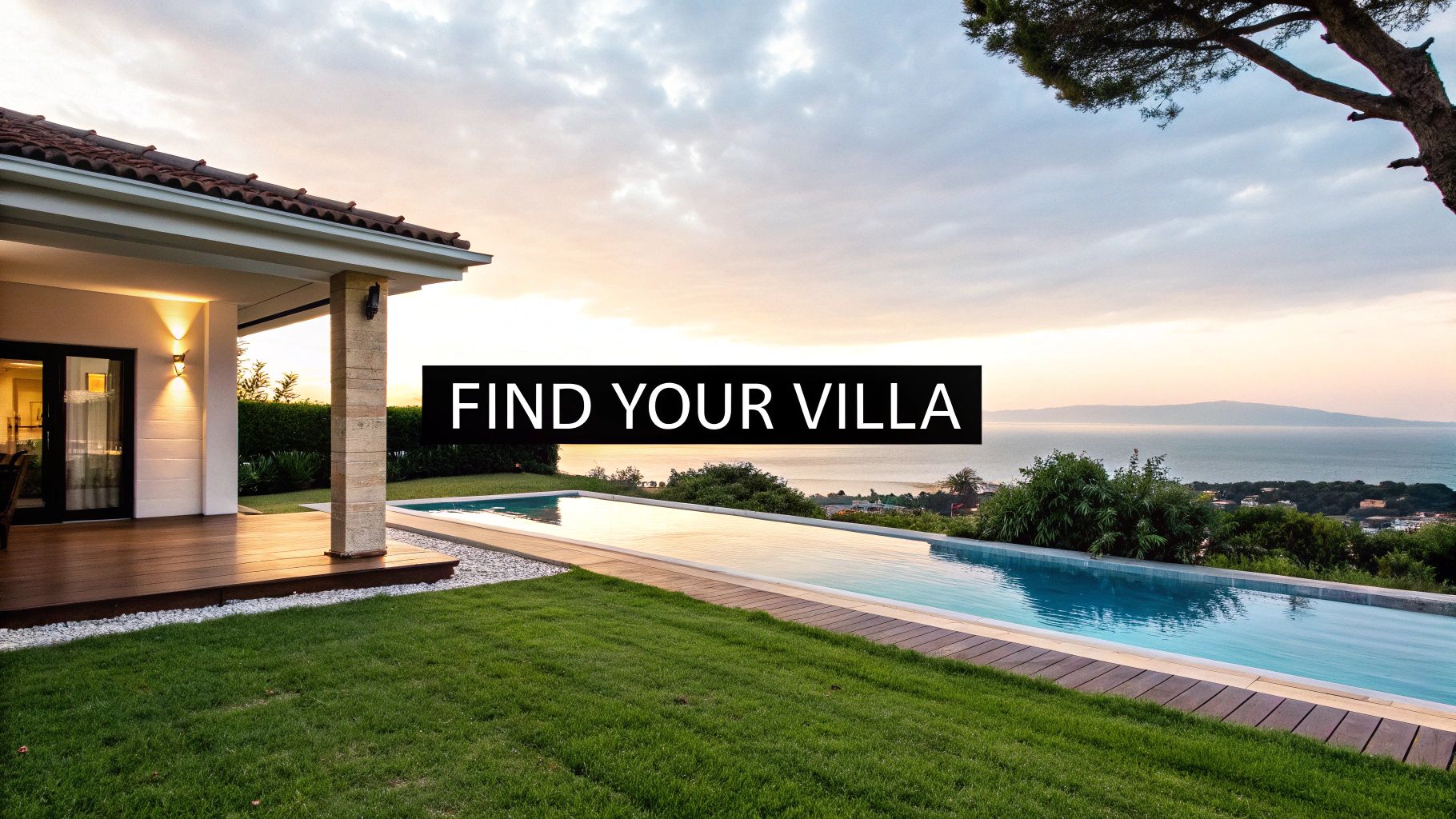 A luxurious contemporary villa with an infinity pool overlooking the ocean at sunset.