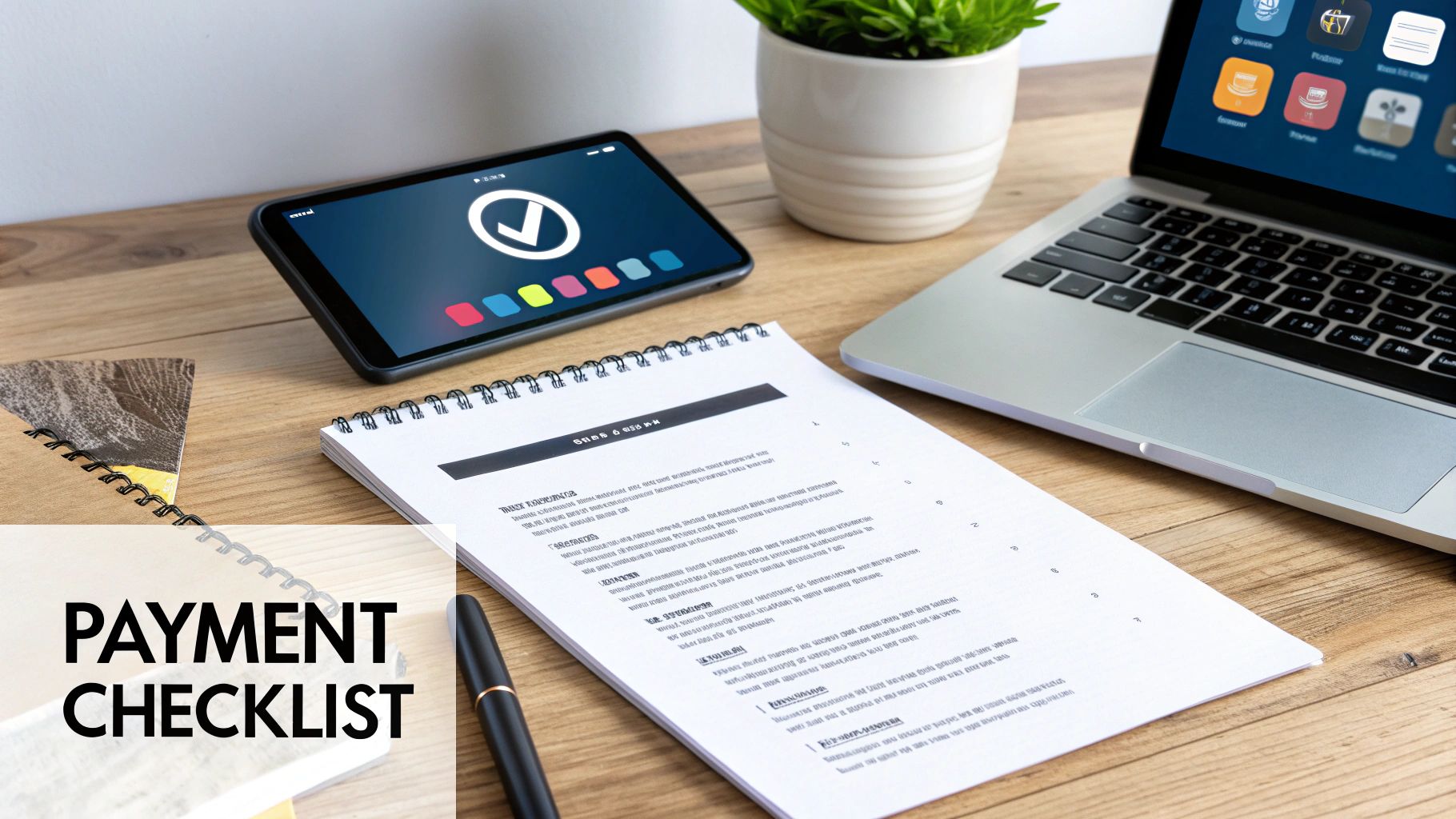 Your First Mortgage Payment: A Guide for International Property Buyers 5 A desk setup with a tablet, laptop, notebook, pen, and a payment checklist on wood surface.