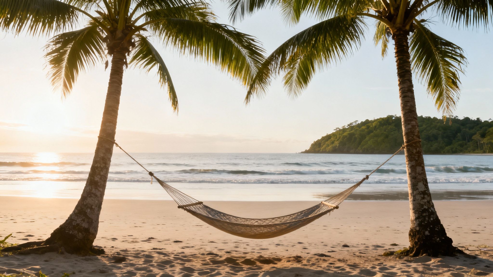 The World's Best Countries for Retirement: A 2026 Investor's Guide to Property, Visas & Lifestyle 3 A serene tropical beach at sunset with a hammock between two palm trees, ocean waves, and a distant island.