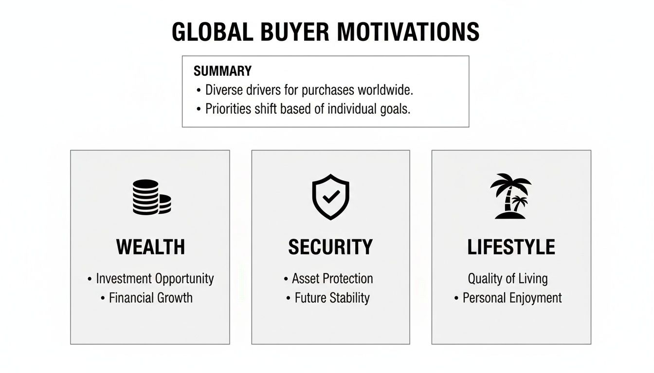 Infographic illustrating global buyer motivations, categorizing them into Wealth, Security, and Lifestyle factors.