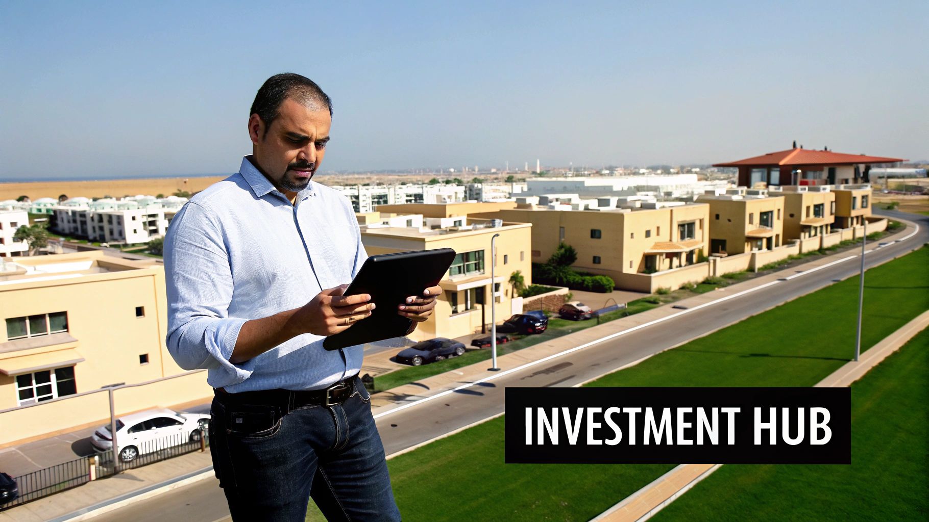 Professional man using a tablet outdoors, overseeing a modern property development in an investment hub.