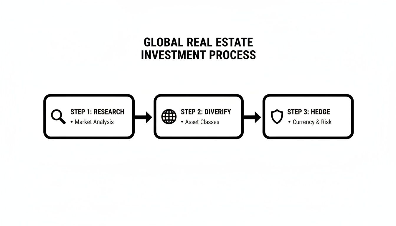 Investing in Foreign Real Estate: A Strategic Guide for Global Investors 2 A flowchart showing the global real estate investment process with steps: research, diversify, hedge.