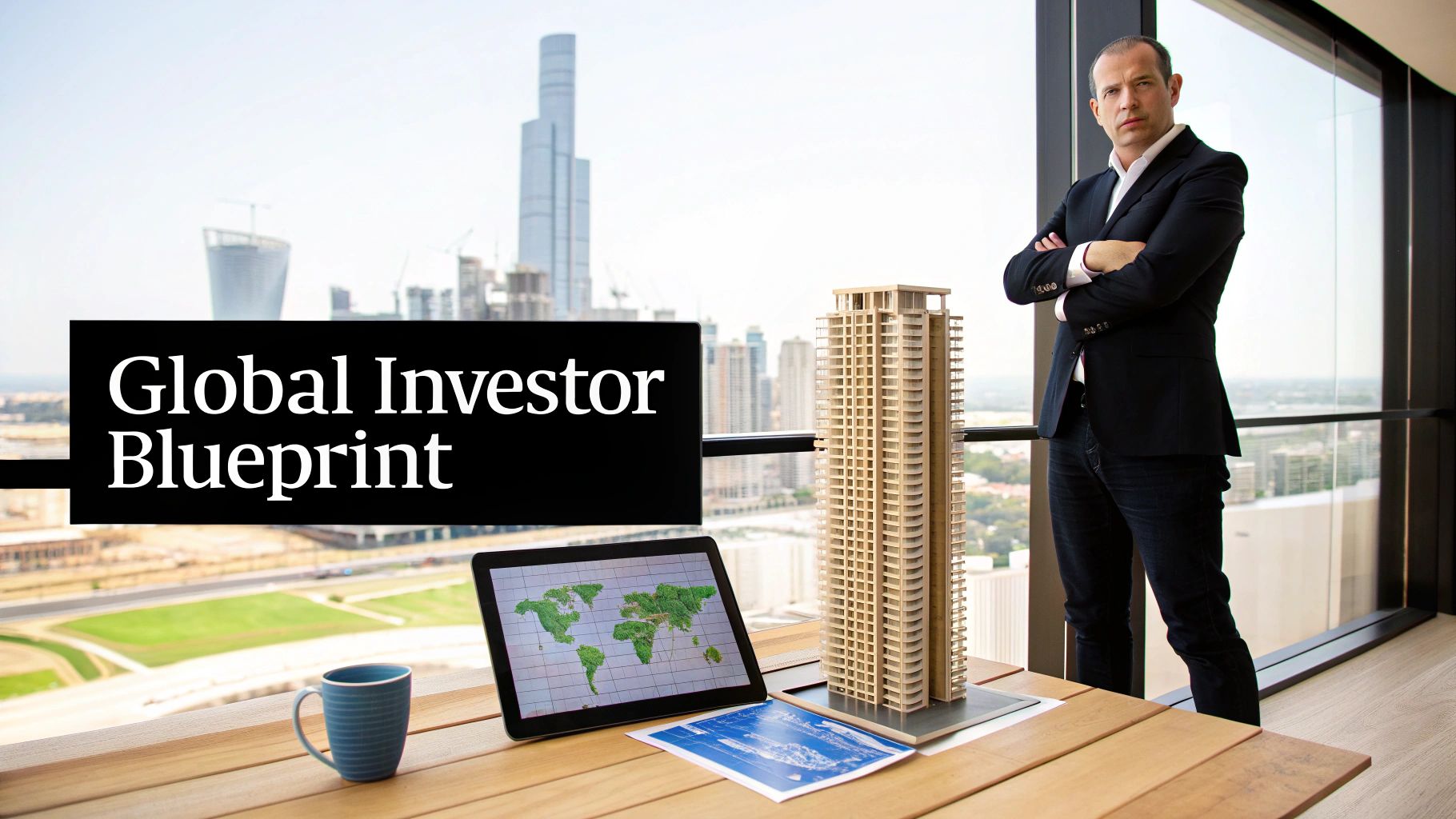 A businessman stands by a window with a city view, next to a building model, tablet with world map, and a coffee mug, representing global real estate investment.