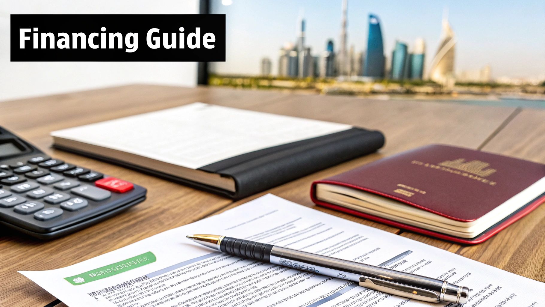 A desk with a 'Financing Guide' text, calculator, documents, and a passport against a Dubai cityscape.