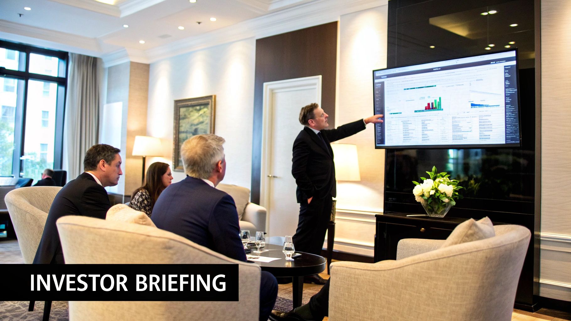 Man presenting financial data on a large screen to an audience during an investor briefing.