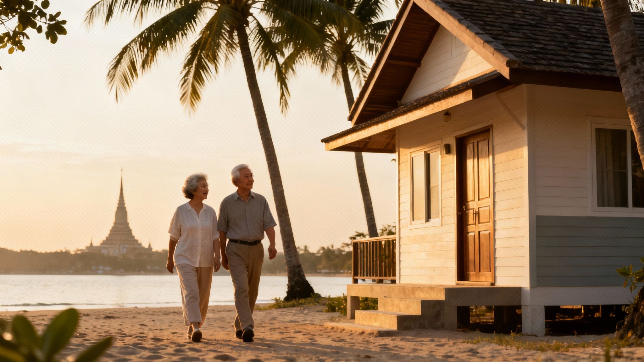 An elderly Asian couple walks on a sandy tropical beach at sunset, near a resort house and a distant temple.