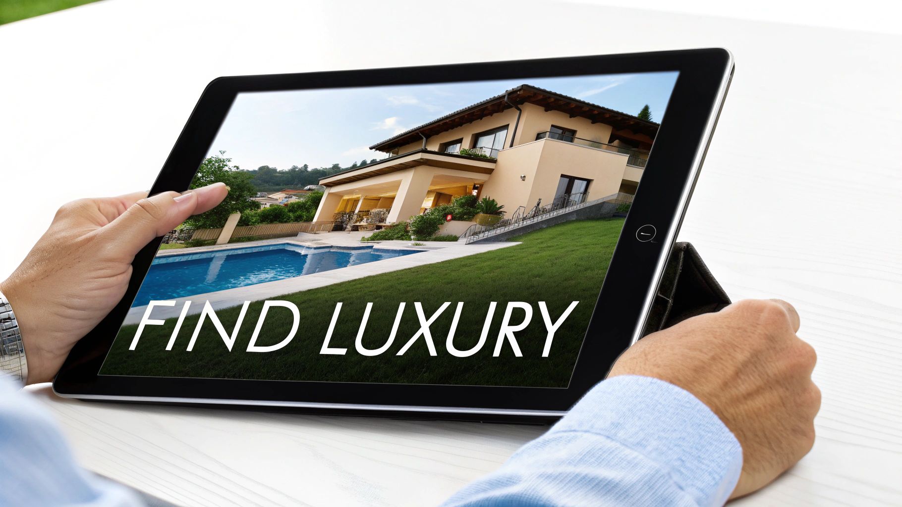 A person holds a tablet displaying a beautiful luxury house with a swimming pool and green lawn, showing the text 'FIND LUXURY'.
