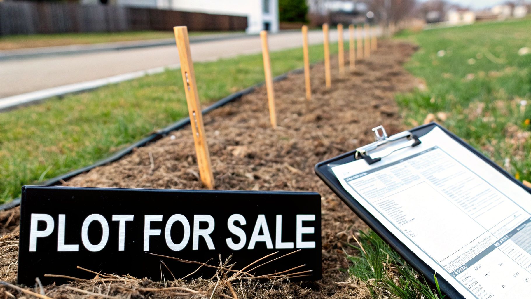 A 'PLOT FOR SALE' sign and clipboard on the ground, with wooden stakes marking land for subdivision.