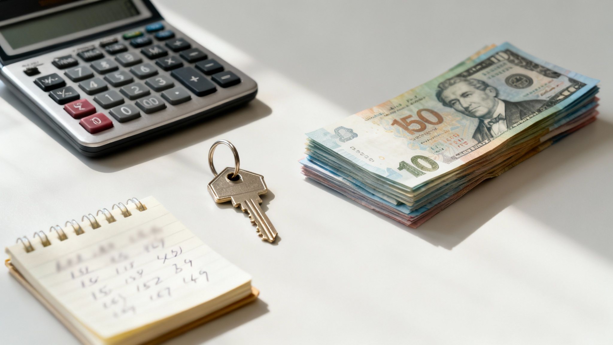 A calculator, a stack of currency notes, a house key, and a notebook for financial planning.