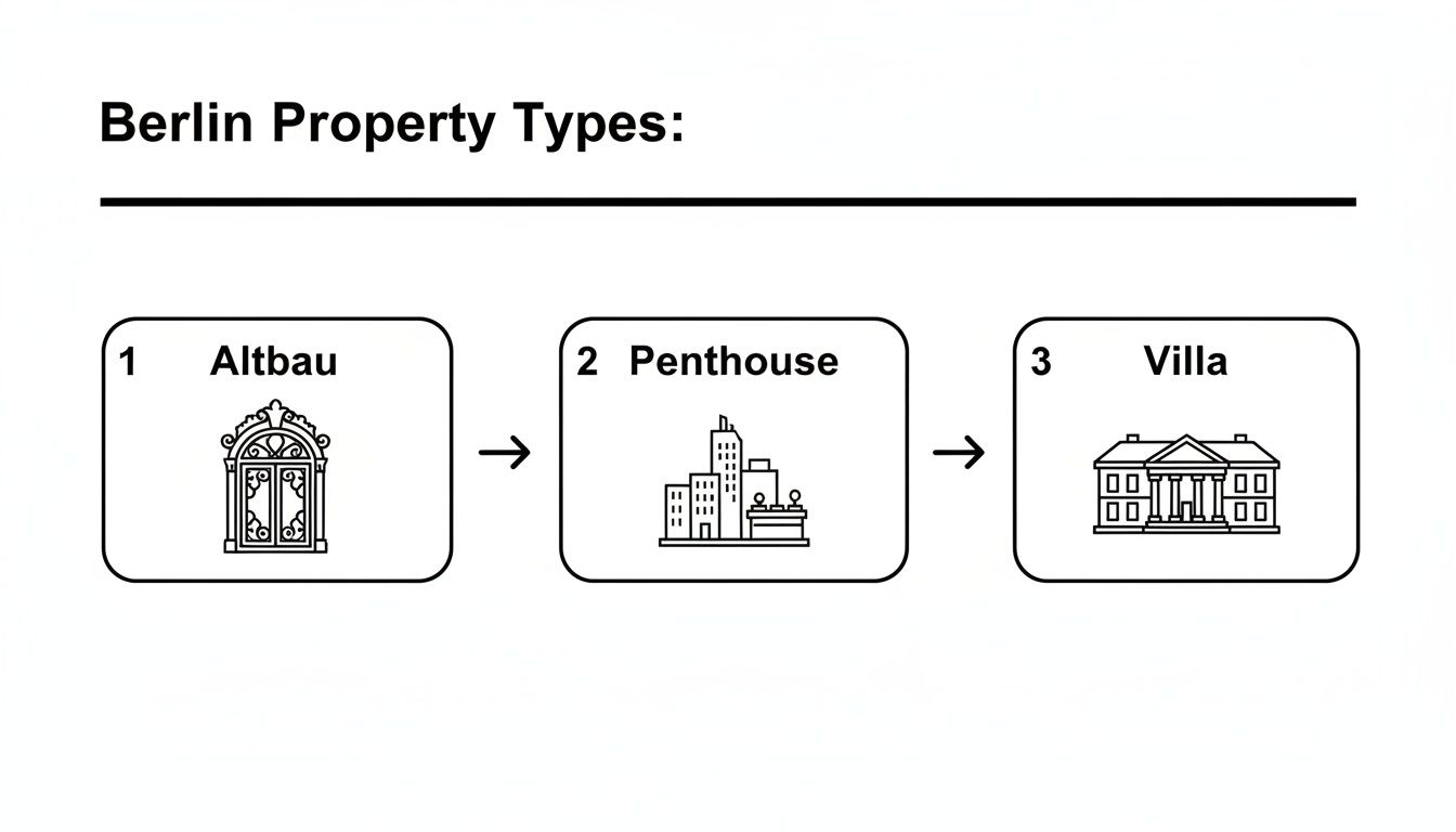 Unlocking Berlin: A Guide to Investing in Luxury German Real Estate 4 Infographic illustrating three Berlin property types: Altbau, Penthouse, and Villa, with respective icons.