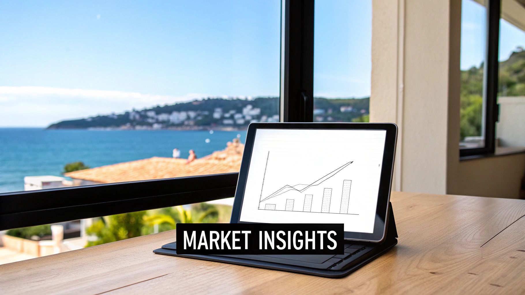 A tablet on a wooden table displays a market insights graph, with a scenic sea view and coastal town in the background.