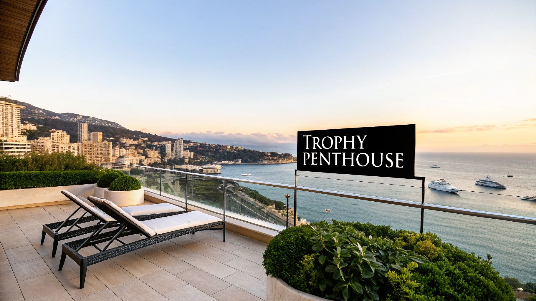 Penthouses for Sale in Monaco: Your Guide to Europe's Most Exclusive Property Asset 2 Luxurious penthouse terrace with lounge chairs, offering panoramic views of Monaco, the sea, and yachts at sunset.