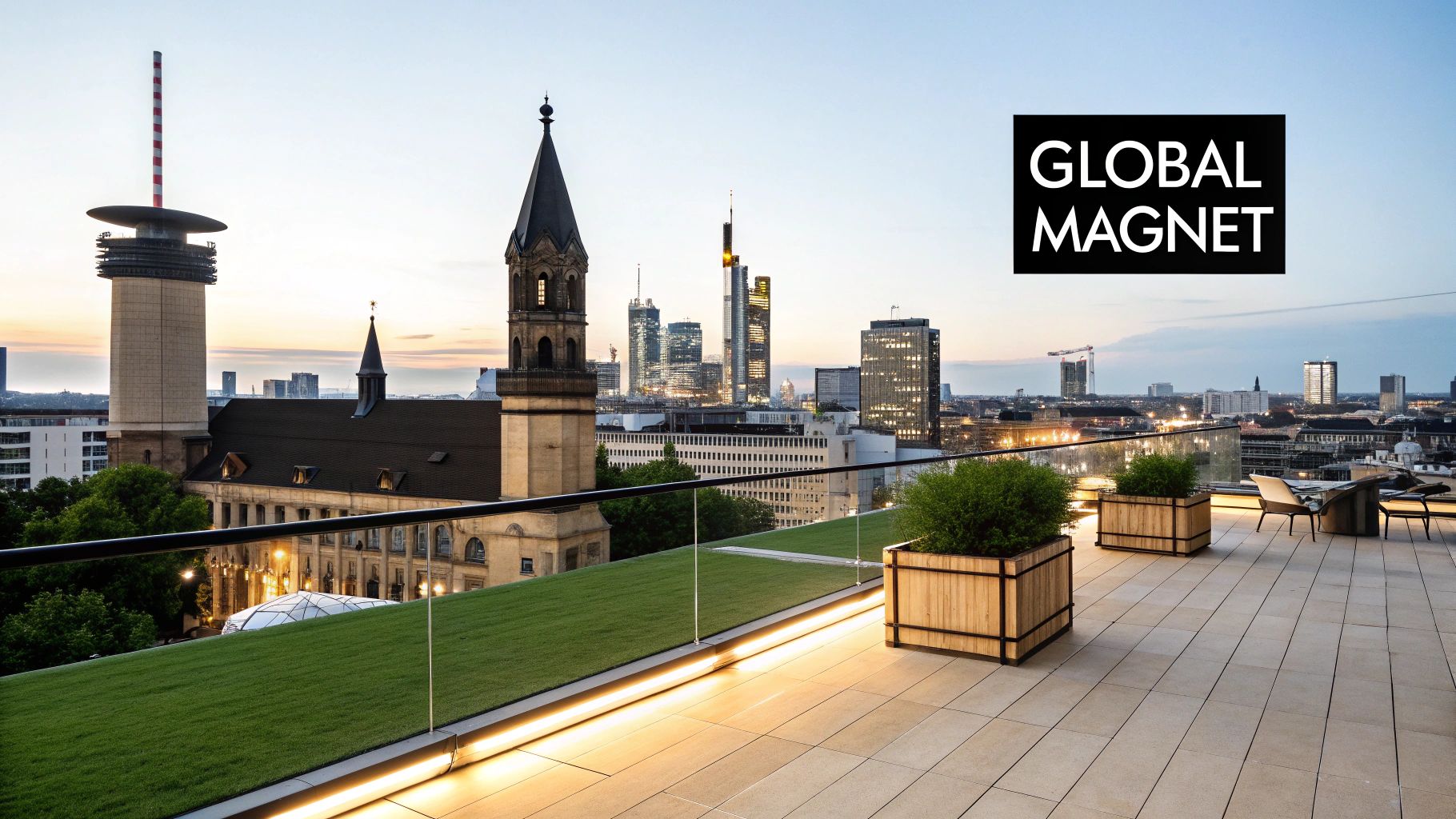 Unlocking Berlin: A Guide to Investing in Luxury German Real Estate 2 Rooftop terrace overlooking a city skyline with historic buildings and modern skyscrapers at dusk, featuring 'GLOBAL MAGNET' text.