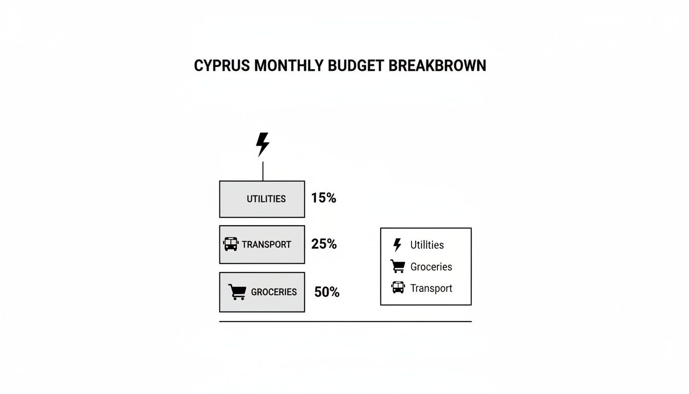 Cyprus monthly budget breakdown showing utilities 15%, transport 25%, and groceries 50%.