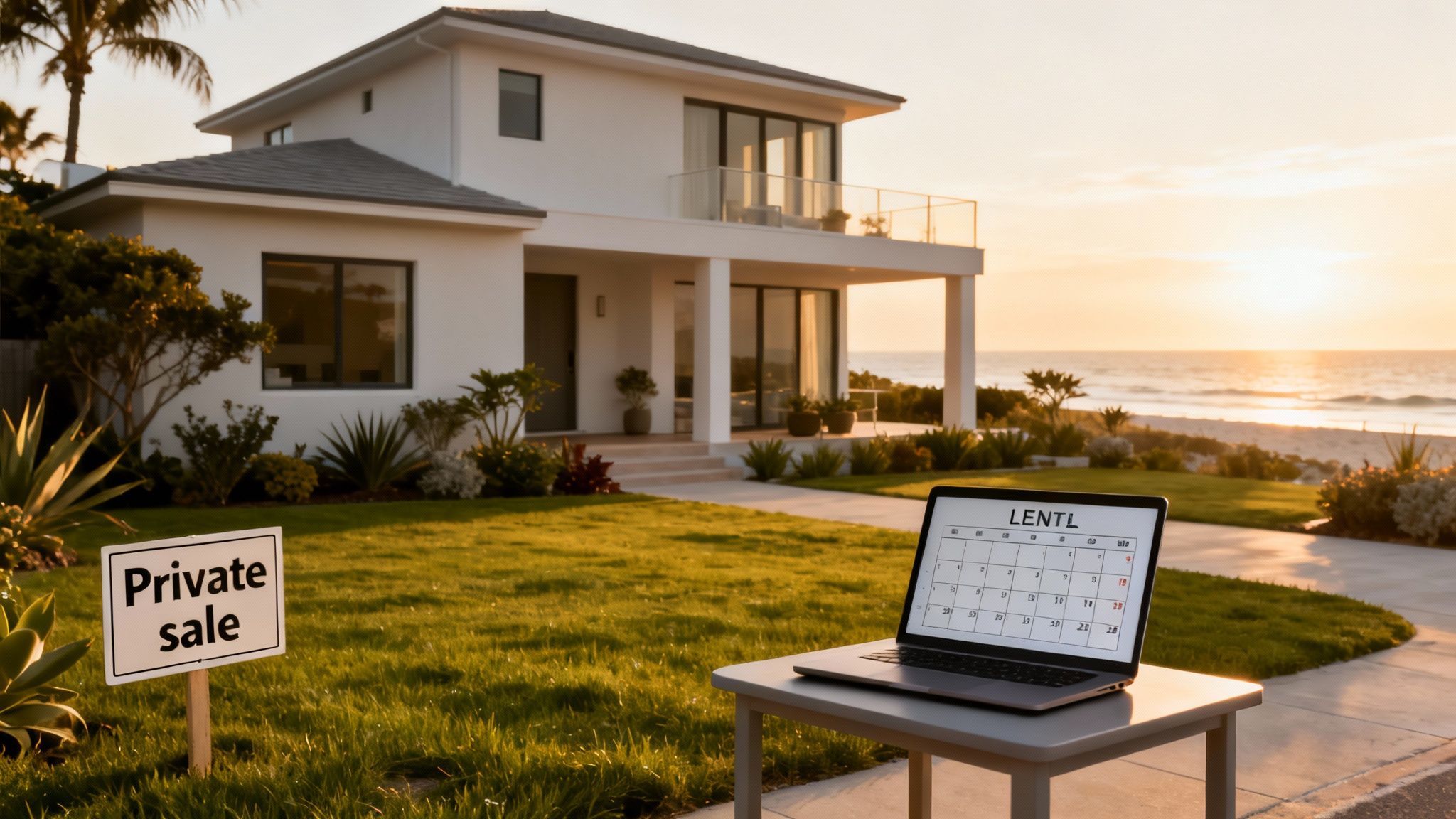 Modern beachfront house with a 'Private sale' sign and a laptop displaying a calendar outdoors.