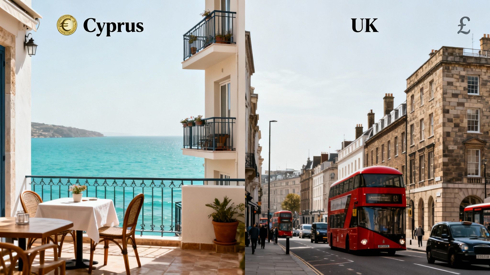 A split image showing a sunny Cyprus coast with a cafe and the busy streets of UK with red buses.