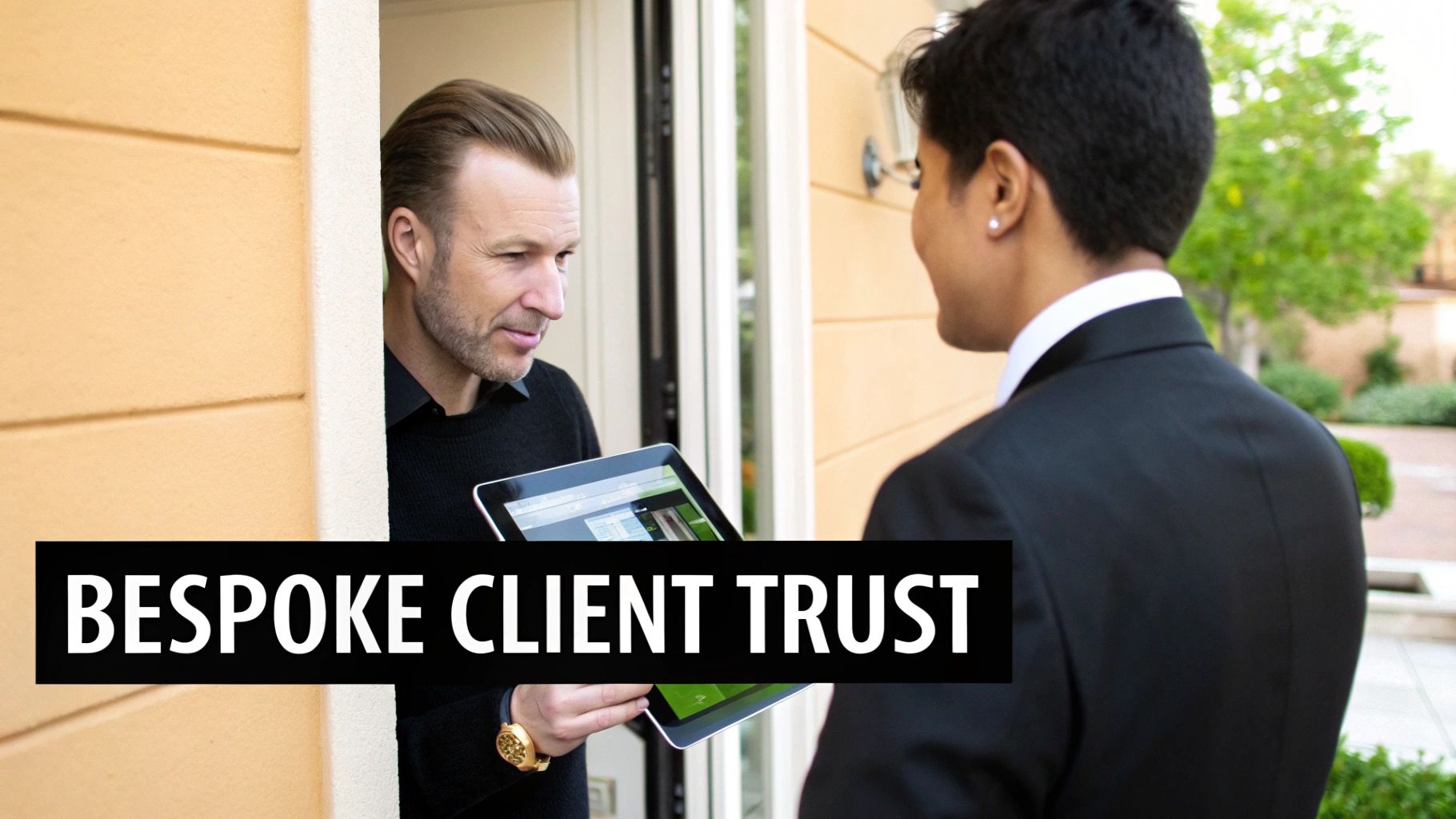 A man at a doorway showing a tablet to another person, with 'BESPOKE CLIENT TRUST' overlay.