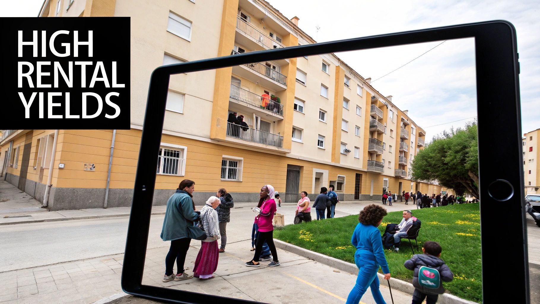 A tablet screen displaying apartment buildings and people on a street, with a 'HIGH RENTAL YIELDS' overlay.