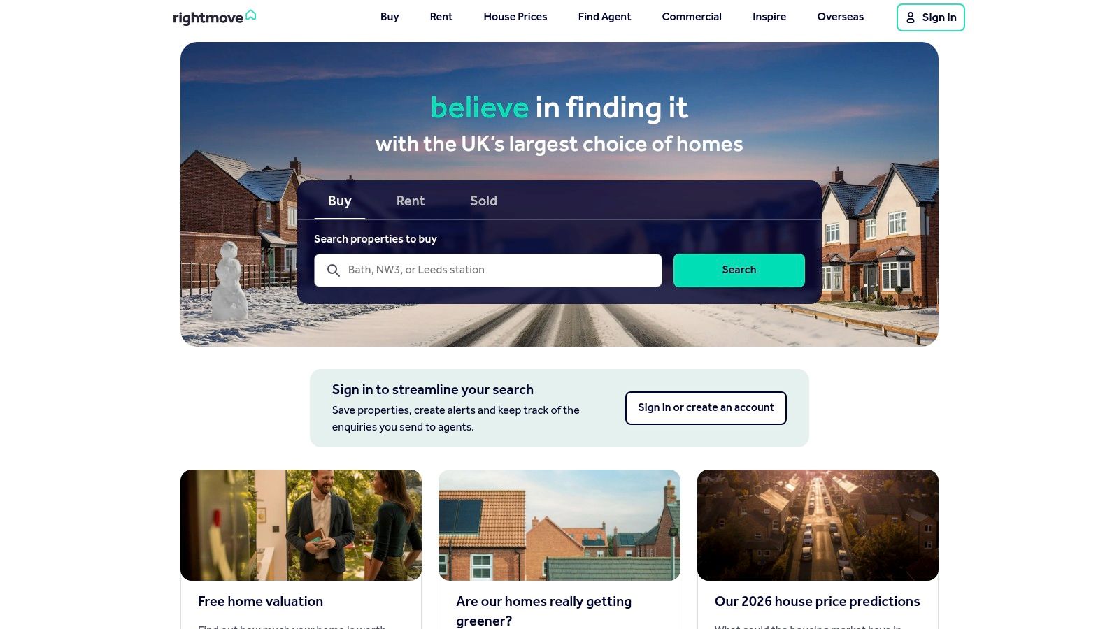 Rightmove homepage showcasing a search for London properties
