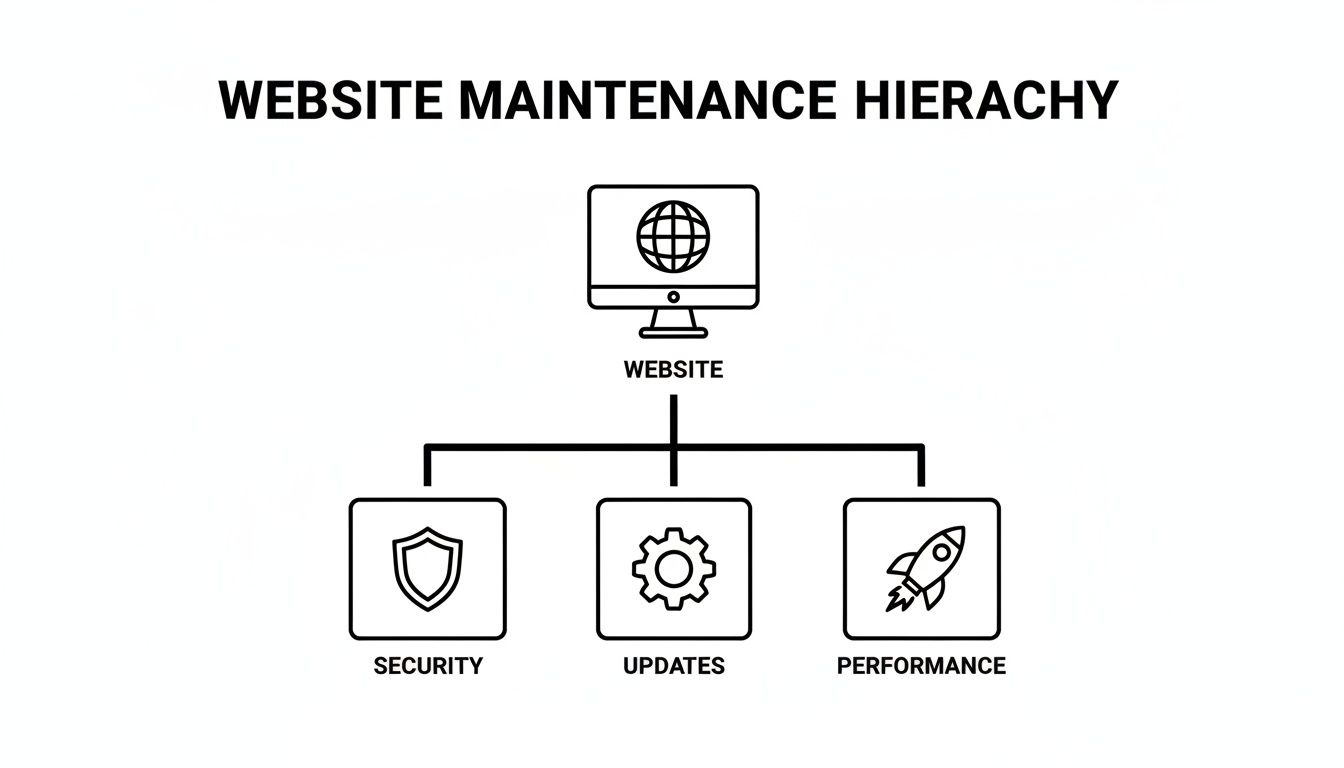 Diagram showing website maintenance hierarchy with security, updates, and performance as key components.