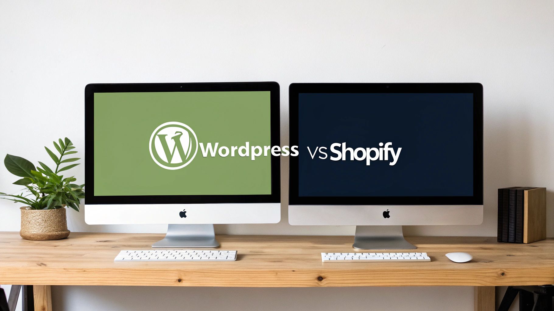 Two iMacs on a wooden desk comparing WordPress vs Shopify website platforms.