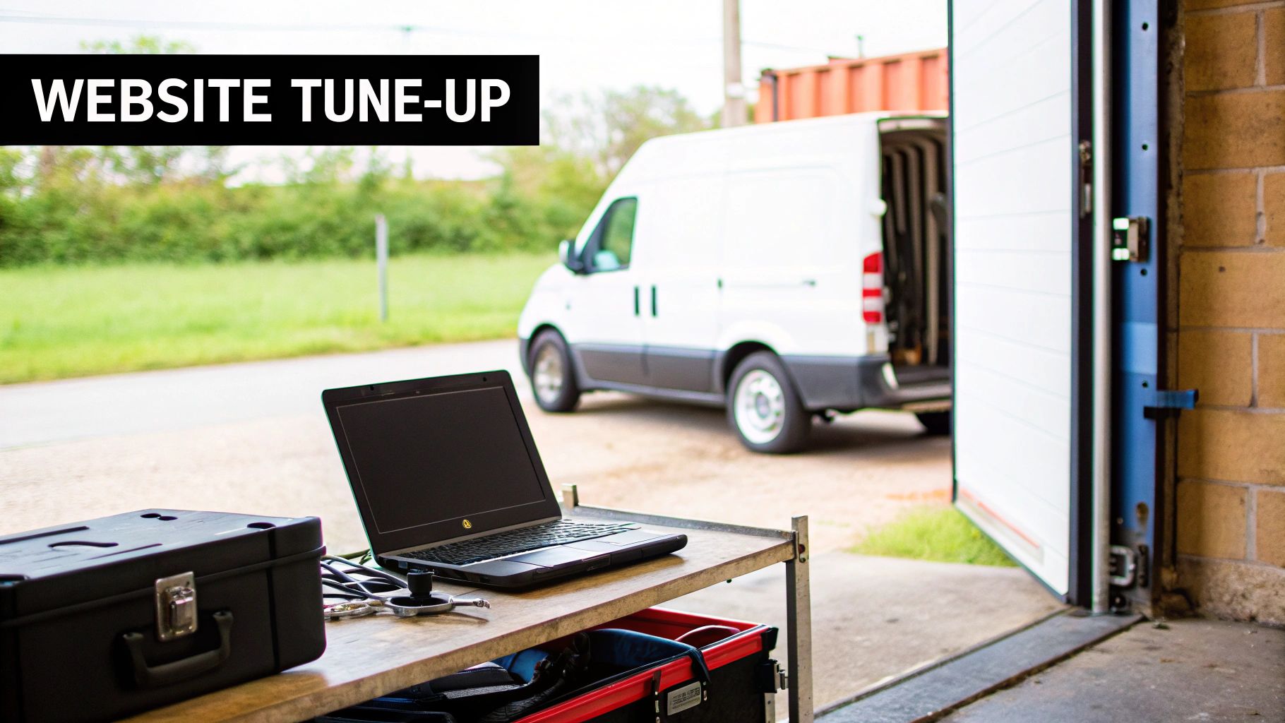 A laptop and toolbox on a table with a white van and garage door in the background. Banner says 'WEBSITE TUNE-UP'.