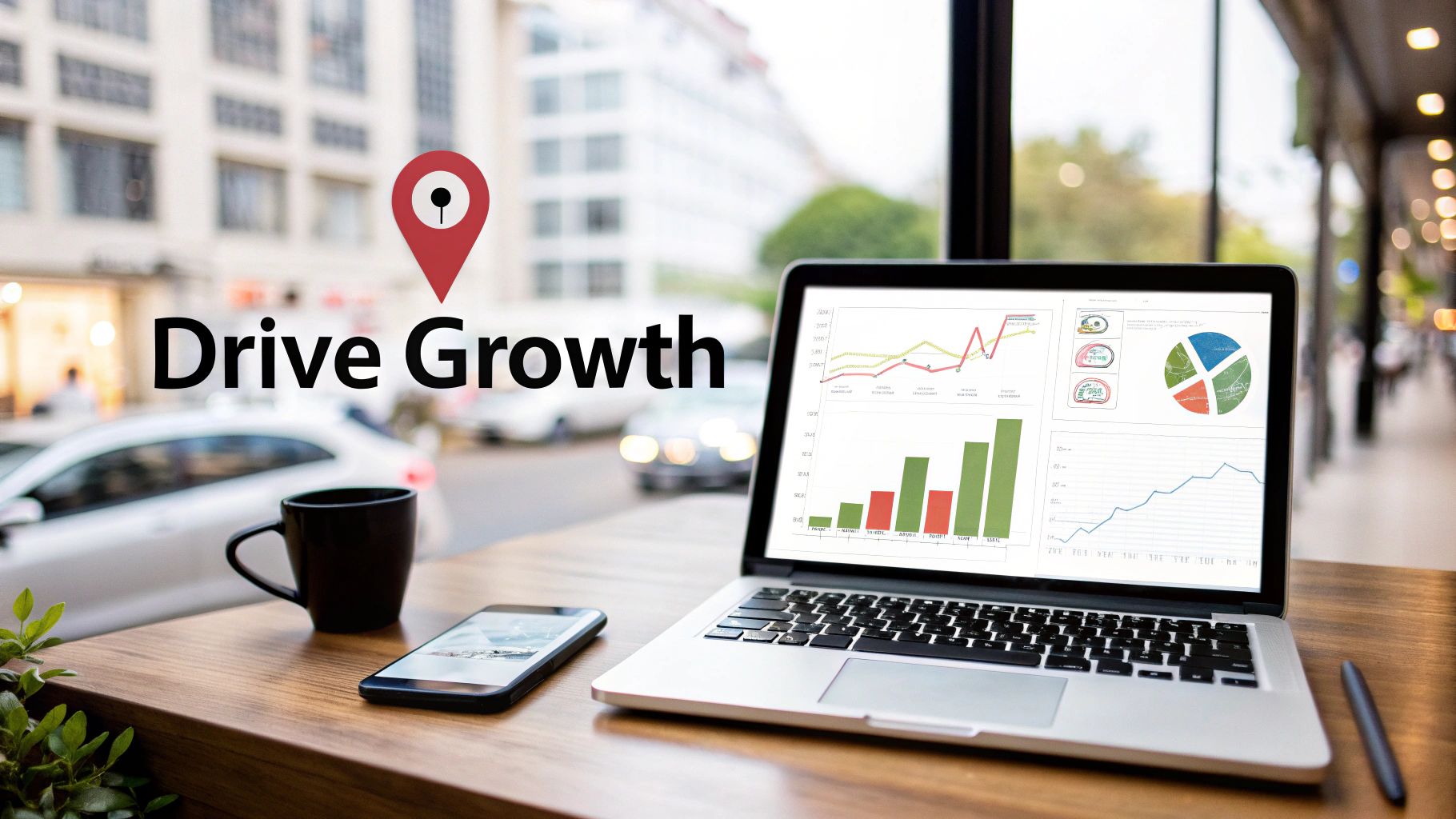 A laptop displaying business growth charts, a smartphone, and a coffee cup on a table with a city background.