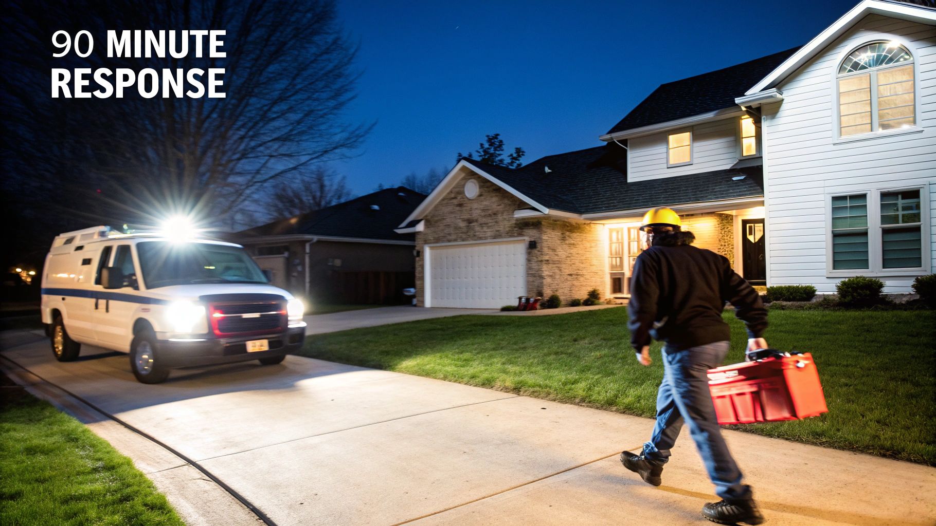 A technician in a hard hat carries a toolbox from a service van to a house at night.