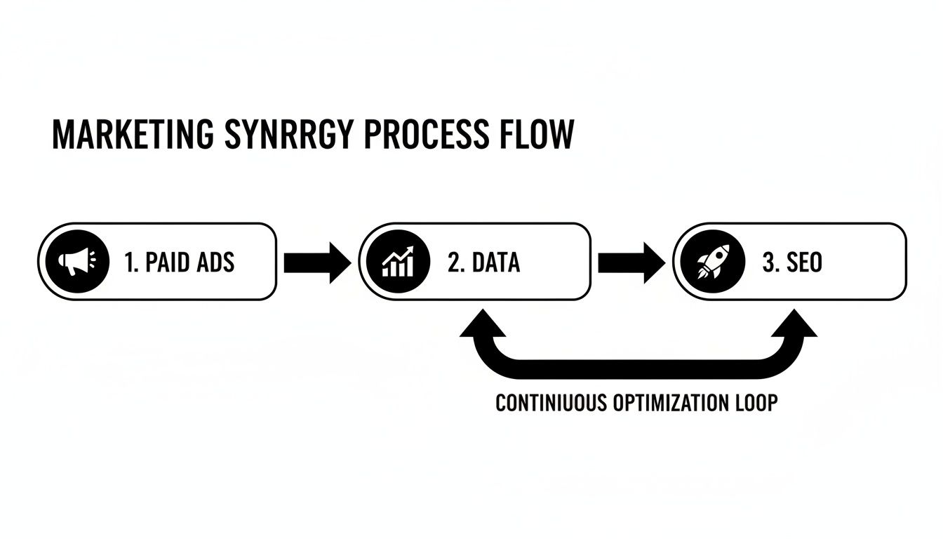 A marketing synergy process flow showing paid ads, data, and SEO with a continuous optimization loop.