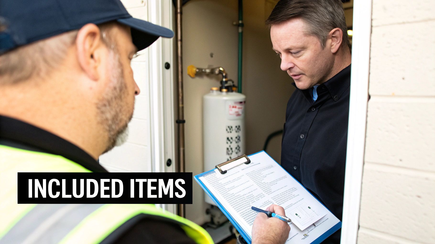 Service technicians inspecting a gas heater, with one man taking notes on a clipboard.