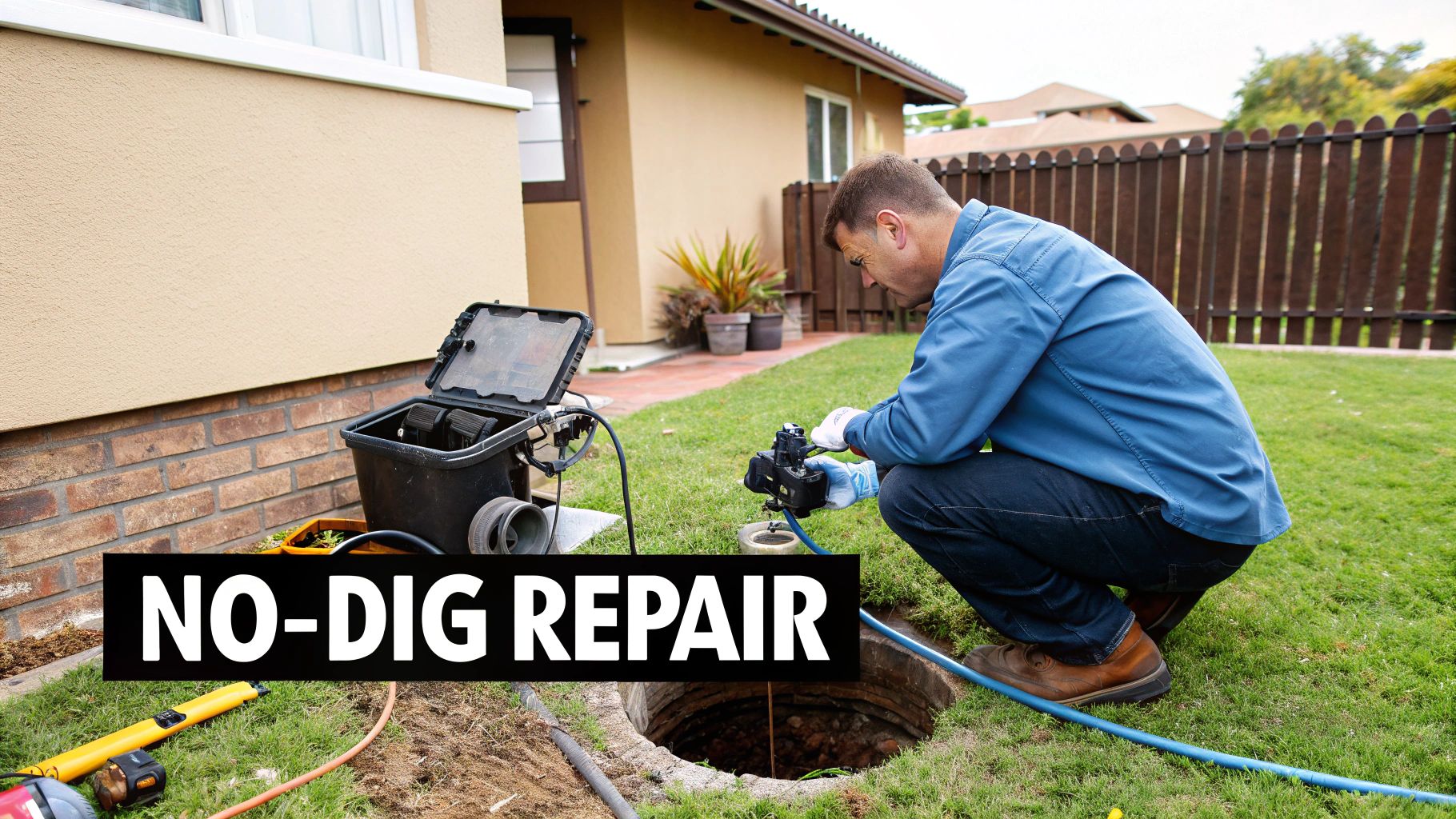 A plumber performs a no-dig repair on a sewer line, operating equipment over an open pit in a grassy yard.