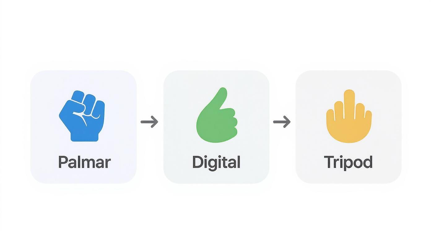 Illustrations depicting the progression of three common pencil grips: Palmar, Digital, and Tripod.