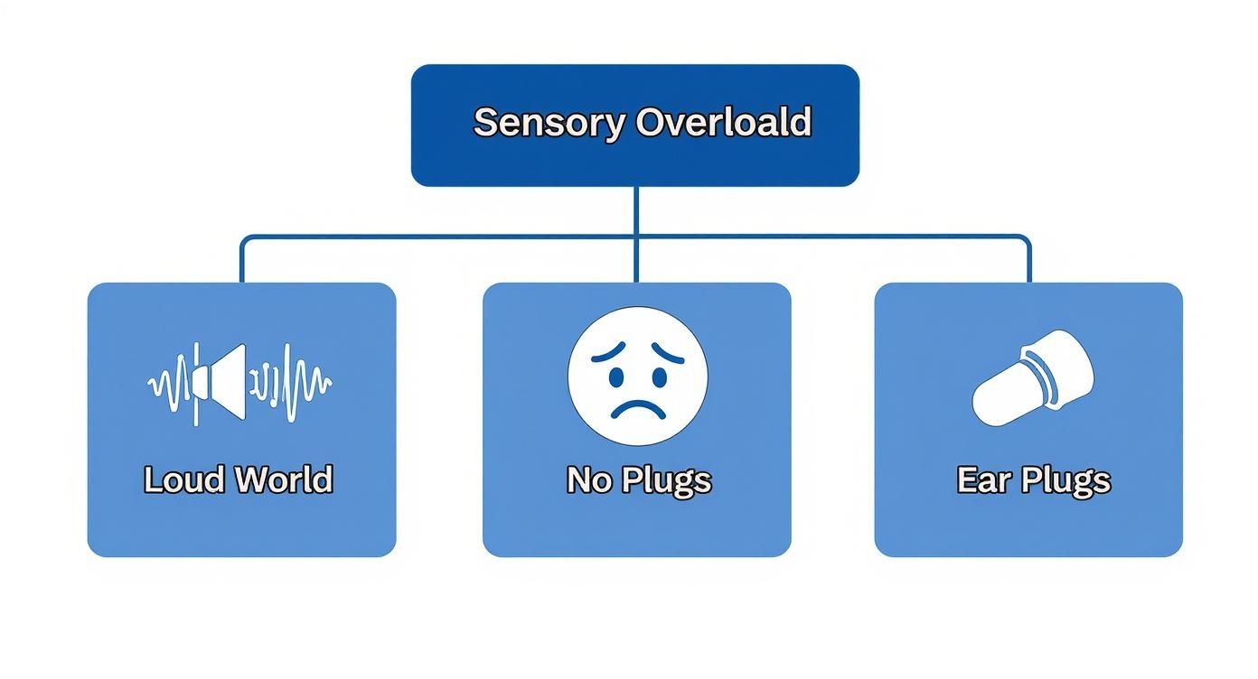 A diagram about sensory overload, depicting a loud world, a sad face for no ear plugs, and an earplug solution.