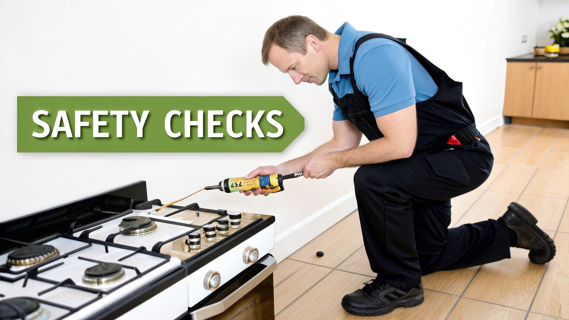 A technician performs safety checks on a gas stove in a kitchen, with a 'SAFETY CHECKS' banner.