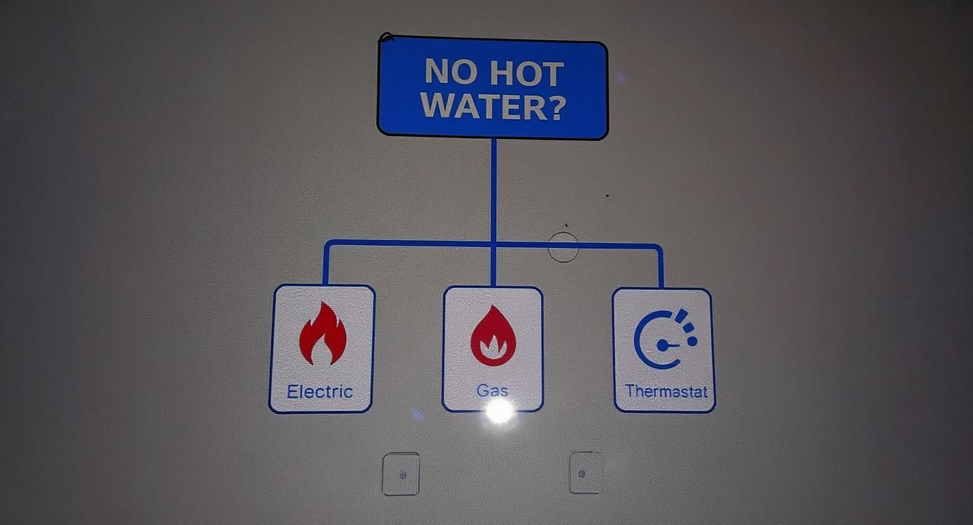 A flowchart titled 'NO HOT WATER?' with branches for 'Electric', 'Gas', and 'Thermostat' issues.
