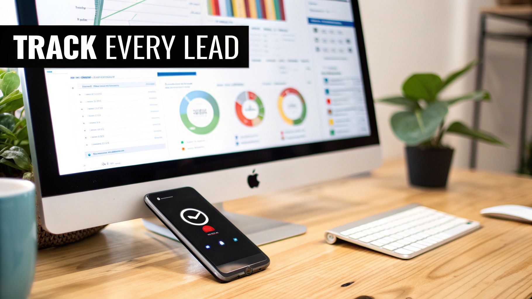 Business professional tracking sales leads using analytics dashboard on desktop computer and mobile phone