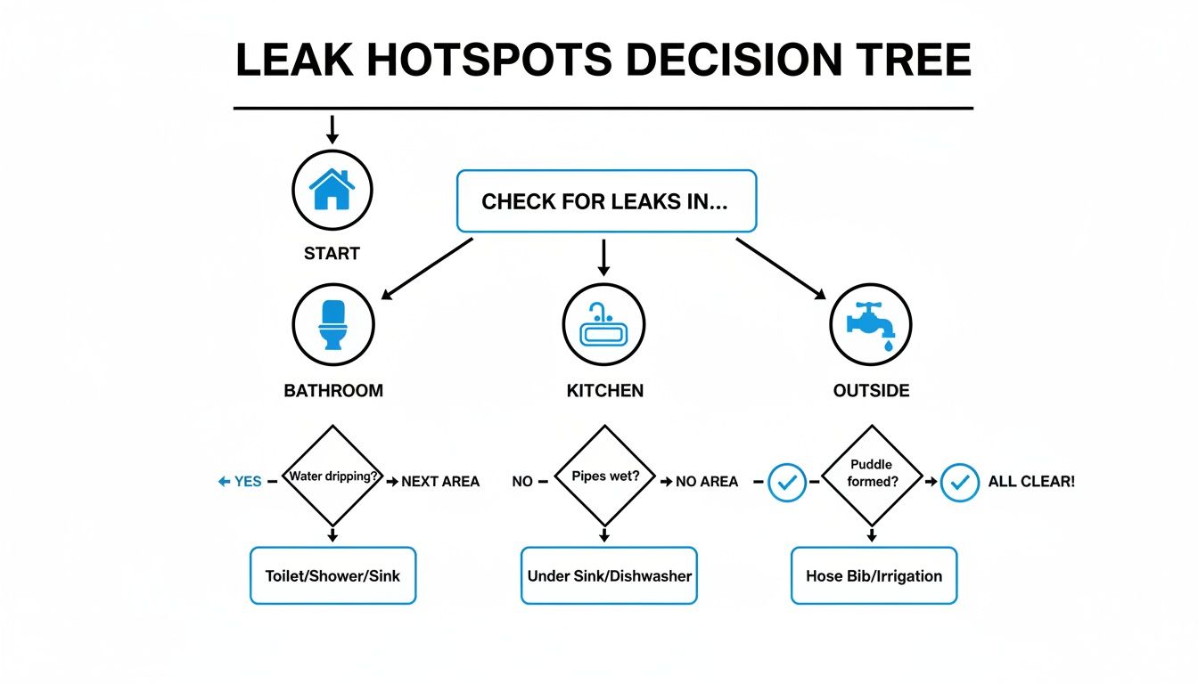 A flowchart illustrating a decision tree to identify water leak hotspots in a home, covering bathroom, kitchen, and outside areas.