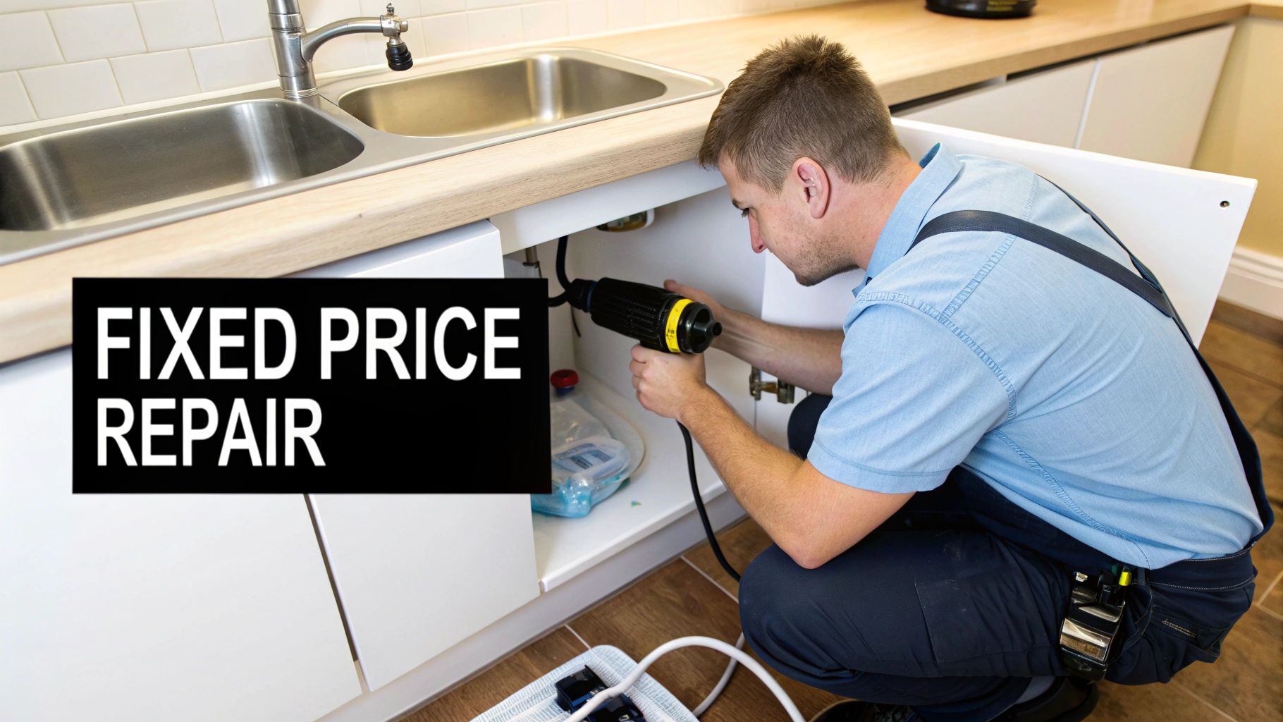 A plumber wearing a blue shirt and dark overalls works under a kitchen sink, offering fixed-price repair.