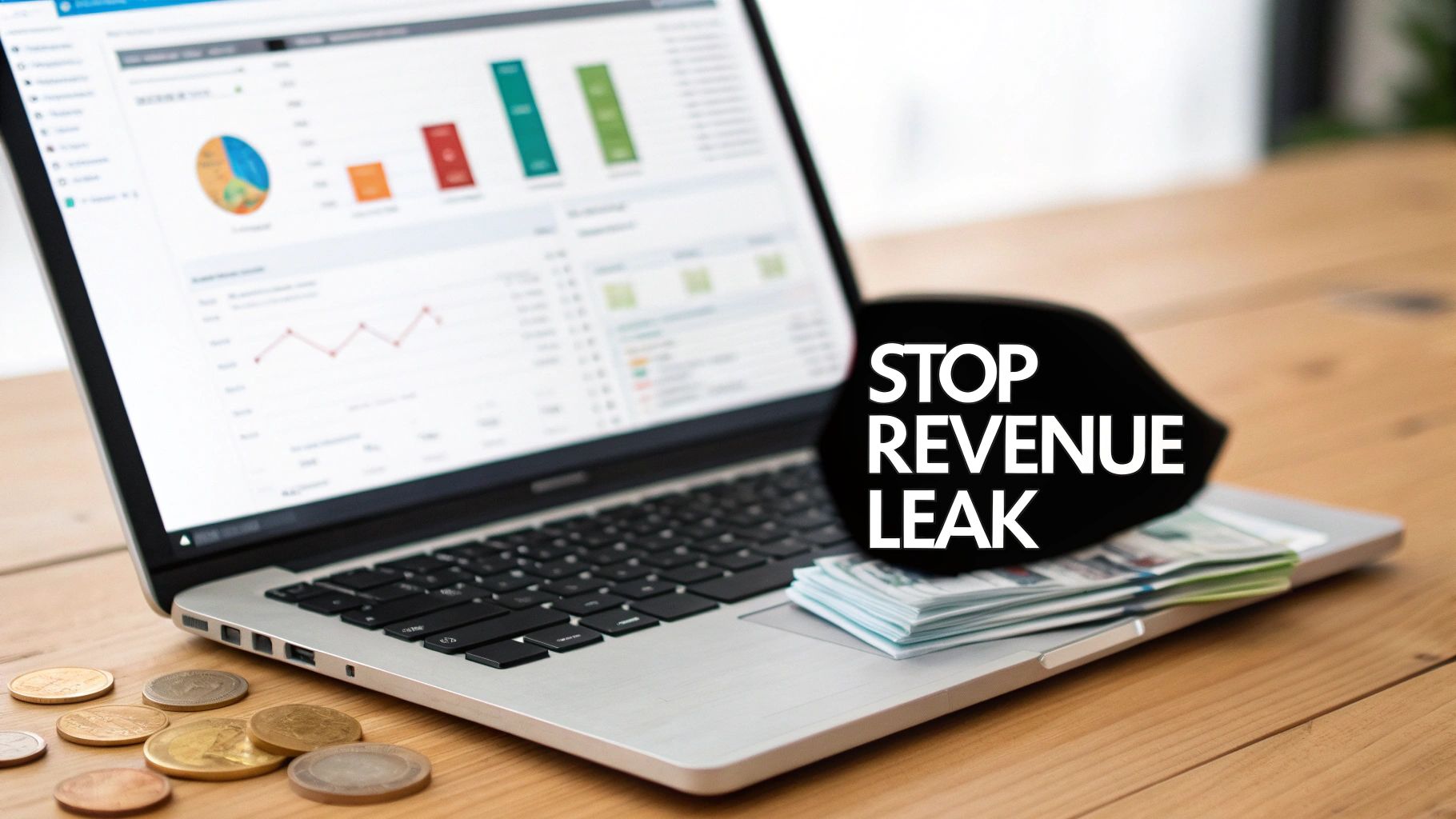 Laptop showing financial charts, money, and 'STOP REVENUE LEAK' text on a wooden desk with coins.