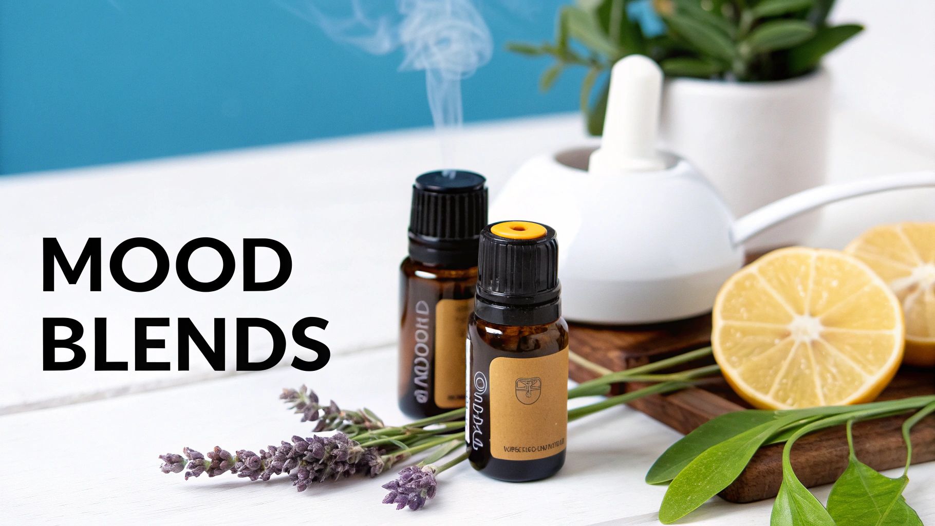 Two essential oil bottles with lavender, lemon slices, and a ceramic diffuser, labeled 'MOOD BLENDS'.