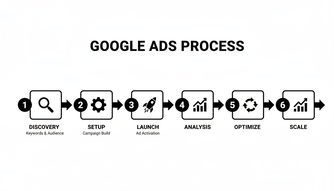 A diagram illustrating the 6-step Google Ads process, from discovery to scaling ads.