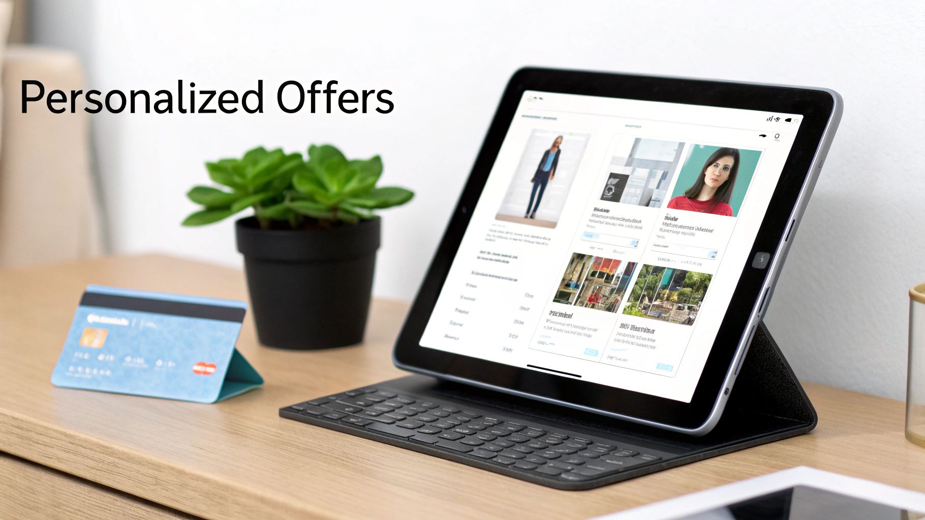 iPad showing personalized offers and product recommendations, with a credit card and plant on a wooden desk.