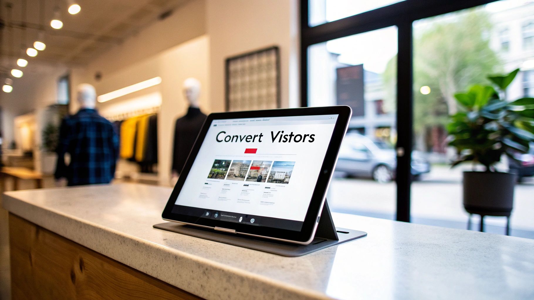 Modern retail store counter with a tablet displaying 'Convert Visitors' and business content.