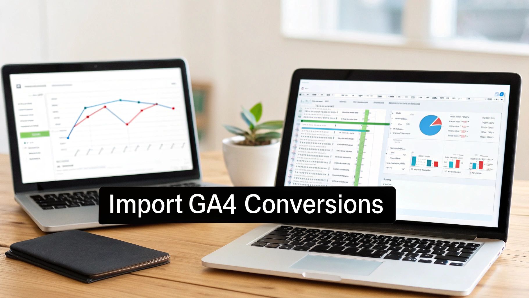 Two laptops on a wooden desk displaying graphs and data with 'Import GA4 Conversions' text.