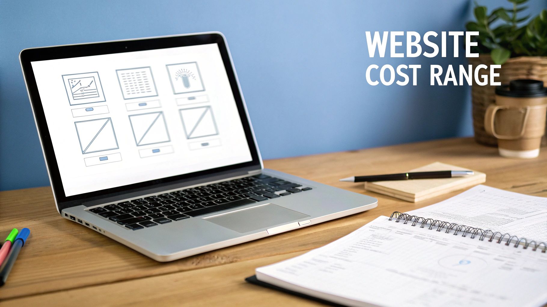 Laptop displaying website wireframes, notebooks, and pens on a wooden desk, with text 'WEBSITE COST RANGE'.