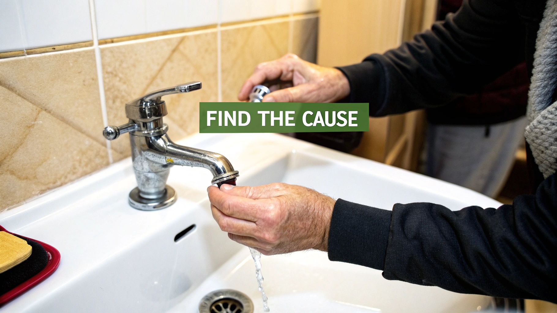 A person's hands are trying to fix a dripping chrome faucet in a white sink, troubleshooting a water issue.