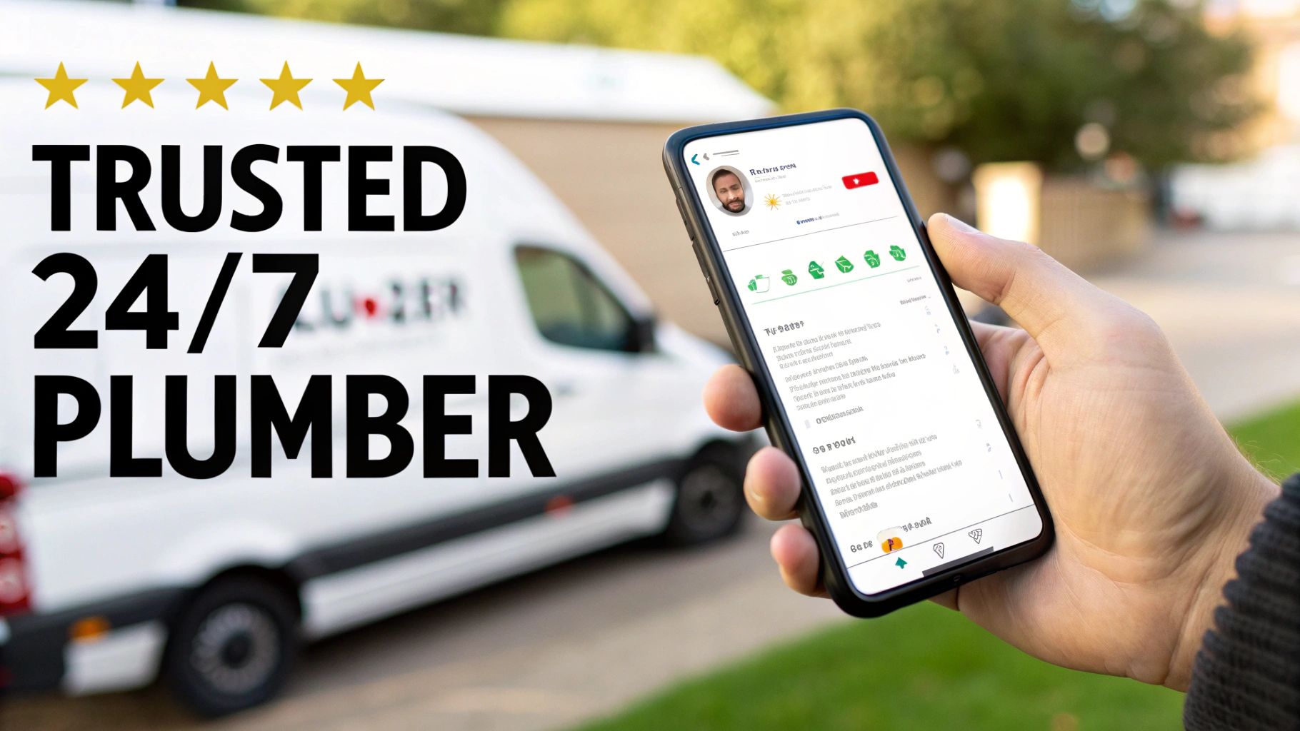 A hand holds a smartphone showing a plumbing service app, next to "TRUSTED 24/7 PLUMBER" text and a van.