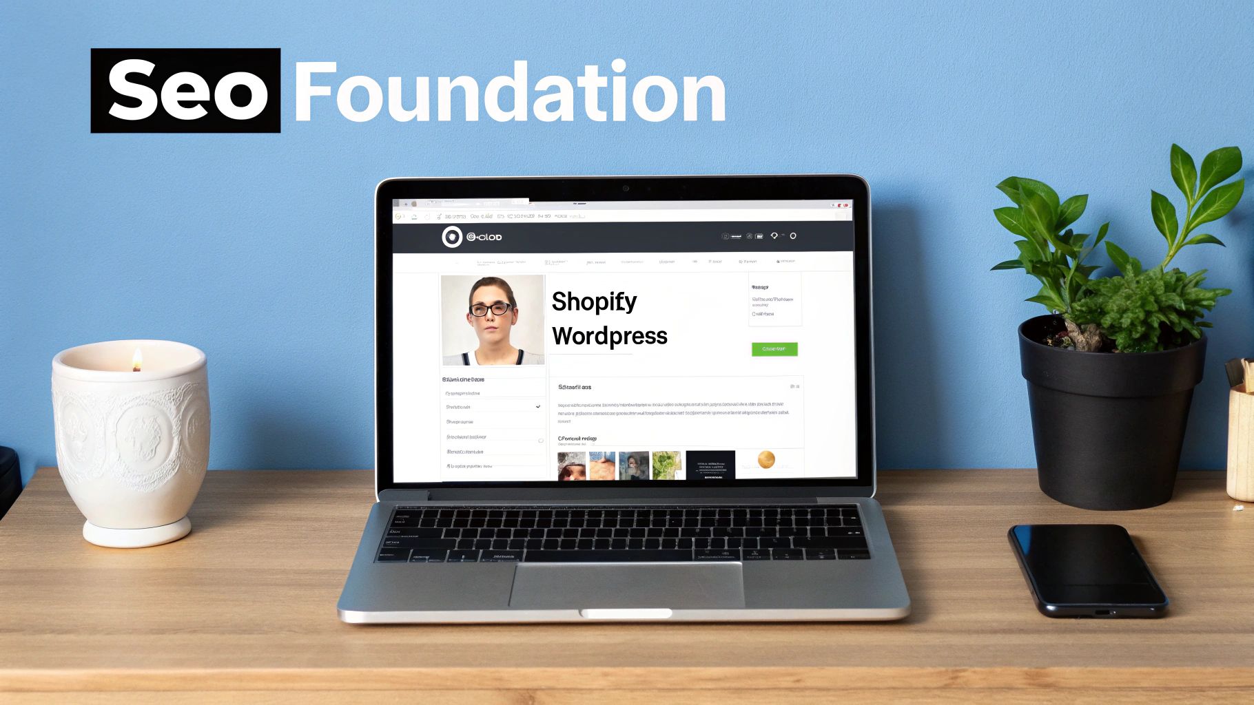 A laptop on a desk showing a website related to Shopify and WordPress SEO Foundation, alongside a lit candle and a potted plant.
