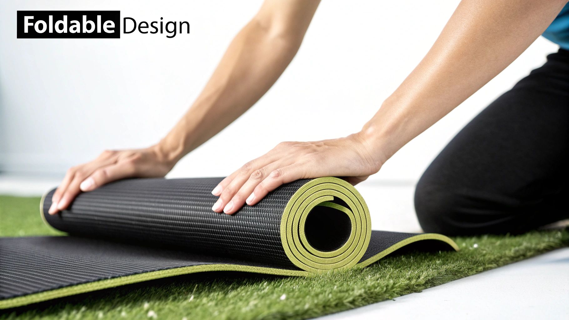 A person's hands are rolling up a black and lime green foldable yoga mat on artificial grass.